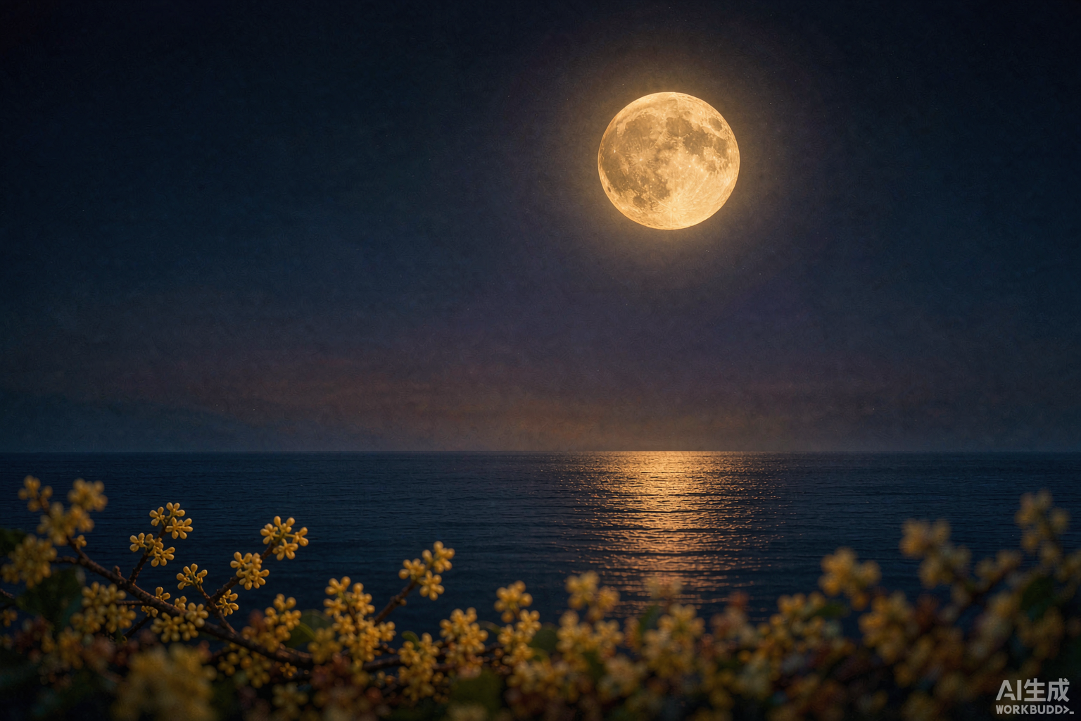 A golden full moon rising over the sea, with osmanthus flowers in the foreground