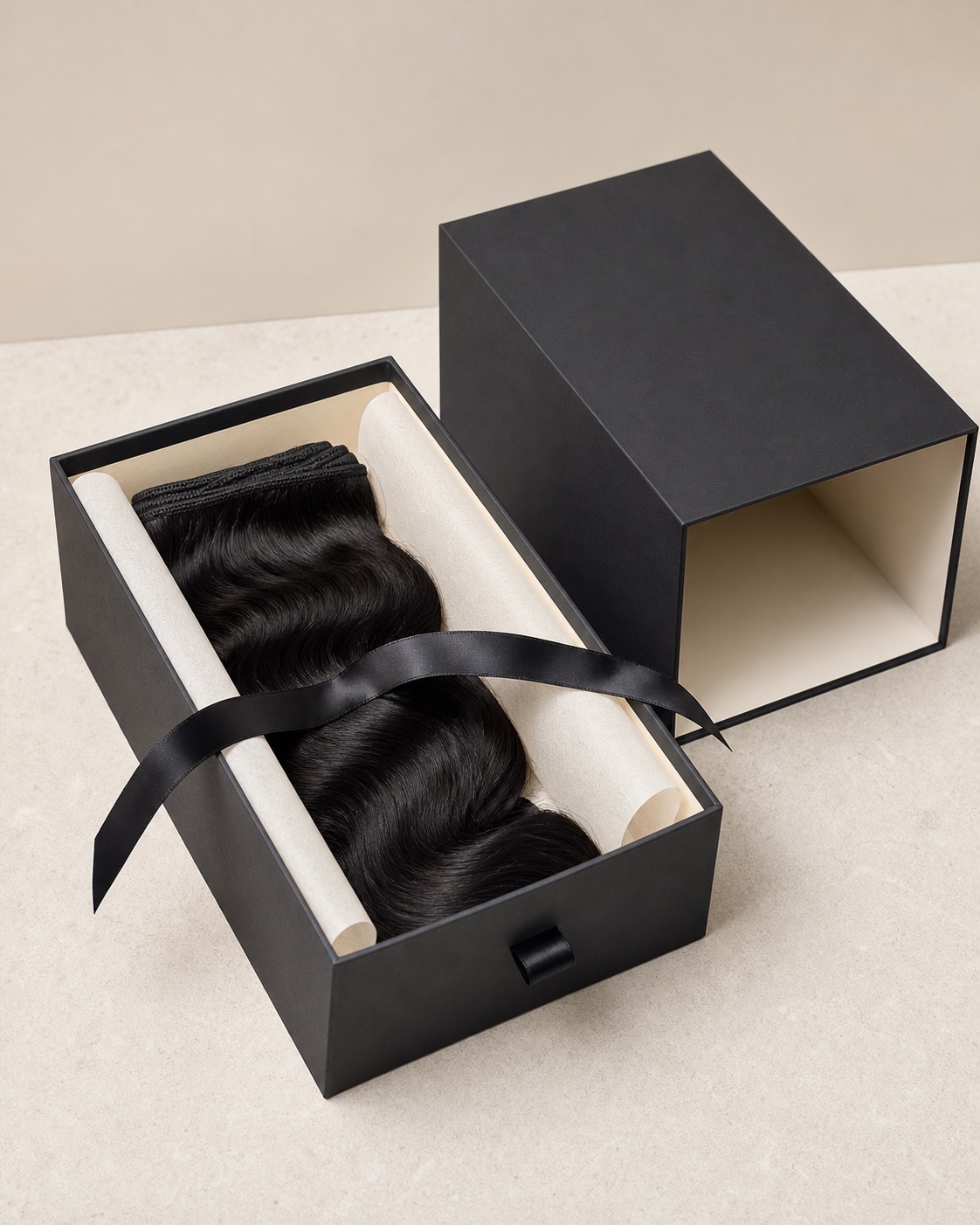 Client-neutral rigid drawer box concept for private-label hair packaging