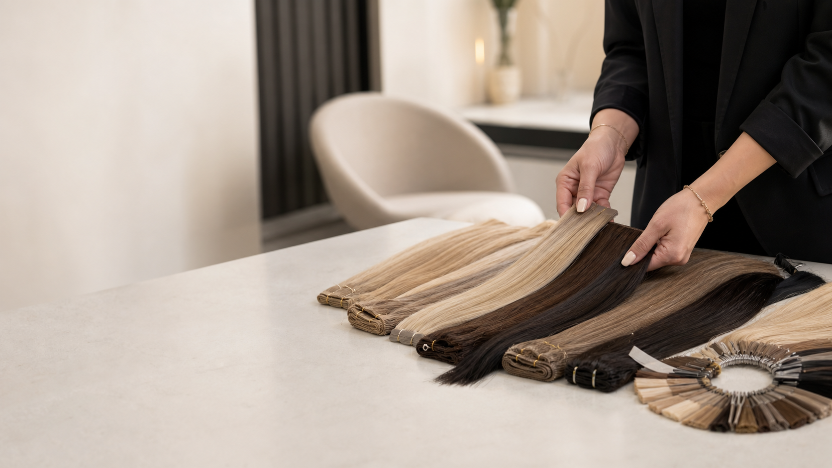 Salon colour selection consultation with machine weft hair extension bundles on a marble counter
