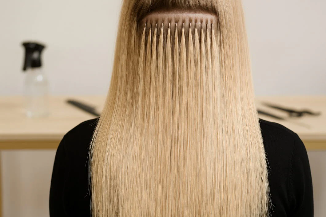 Finished blonde K-tip fusion installation viewed from behind
