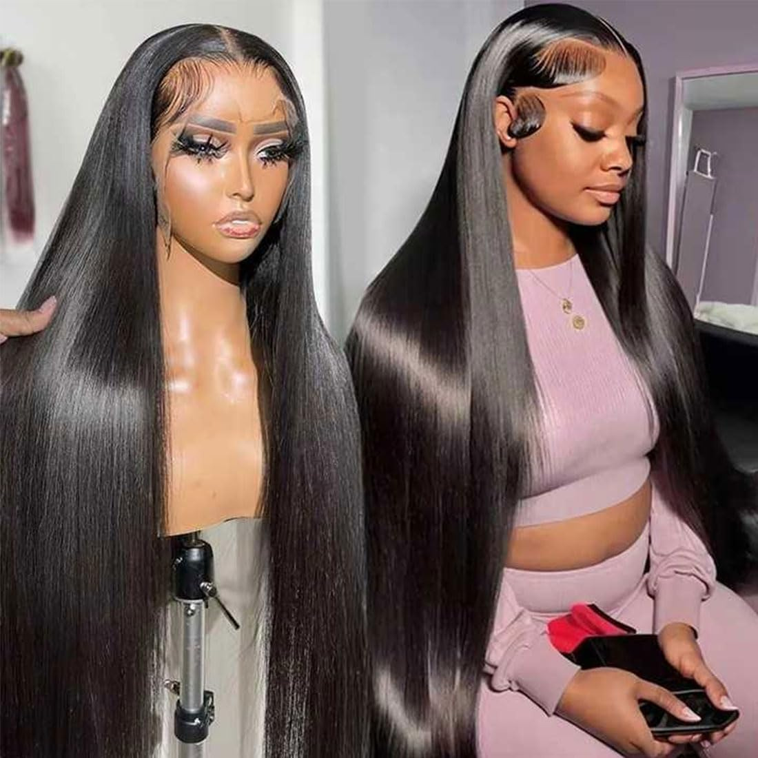 Straight 12A human hair lace wig shown on a mannequin and worn by a model