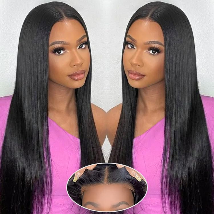 Straight 12A lace wig in a middle part, with an inset showing the lace closure and hairline