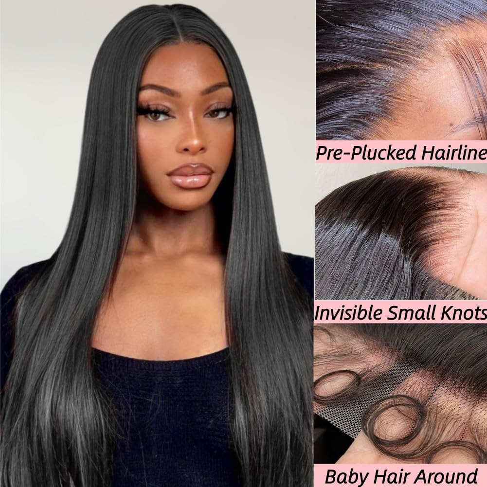 Detail views of the straight 12A lace wig: pre-plucked hairline, small invisible knots and baby hair