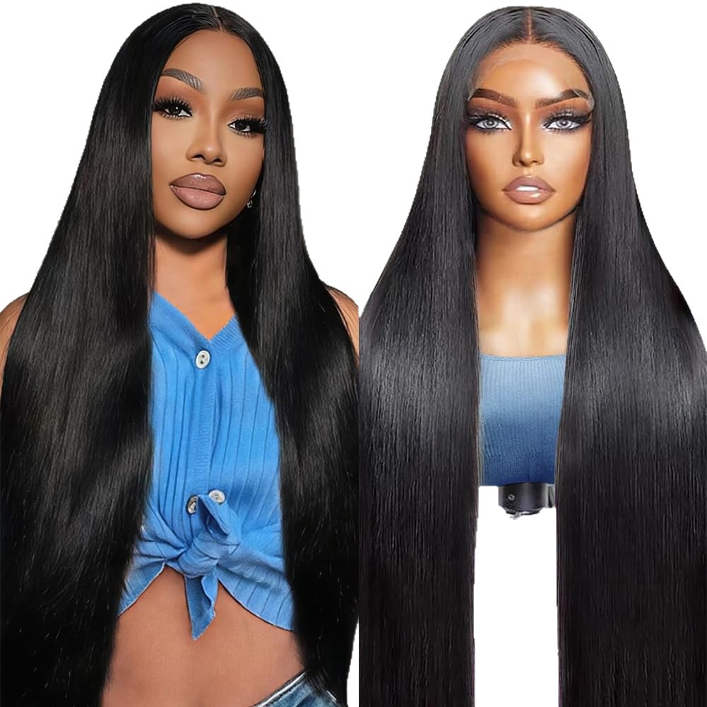 Model and mannequin views of the straight 12A human hair lace wig in natural black
