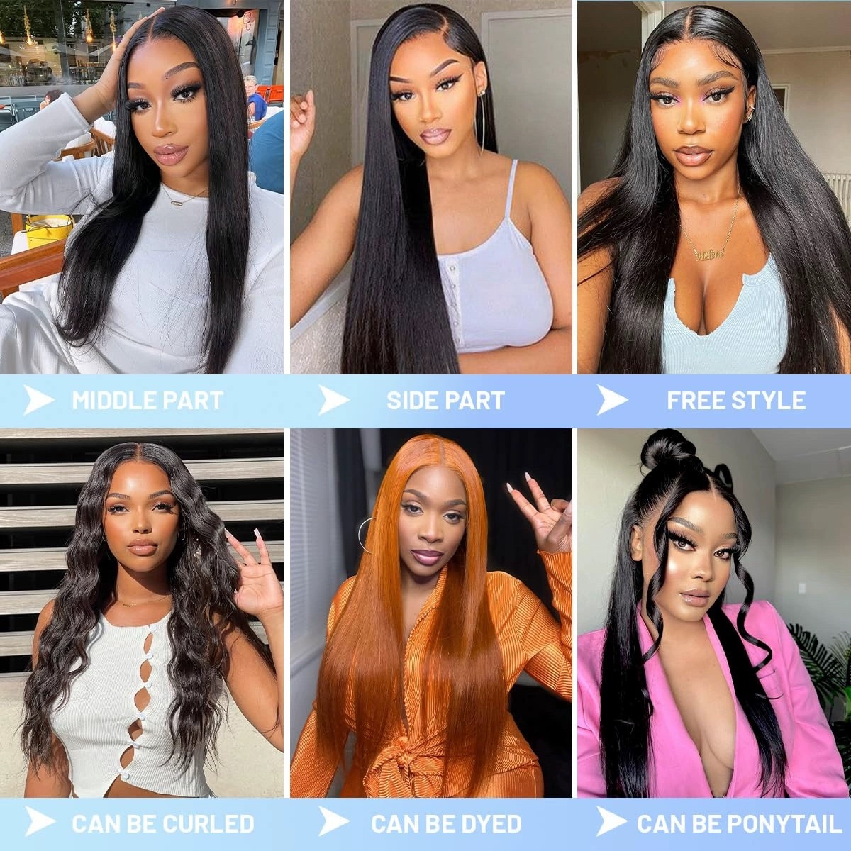 Styling options for the straight 12A lace wig: middle part, side part, free style, curled, dyed and ponytail
