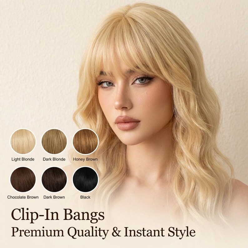 Clip-in bangs fringe hairpiece shown on a model demonstrating the natural fringe placement
