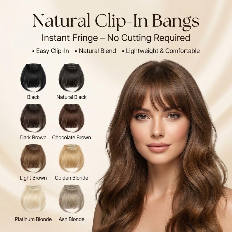 Side view of the clip-in bangs fringe hairpiece blending with natural hair