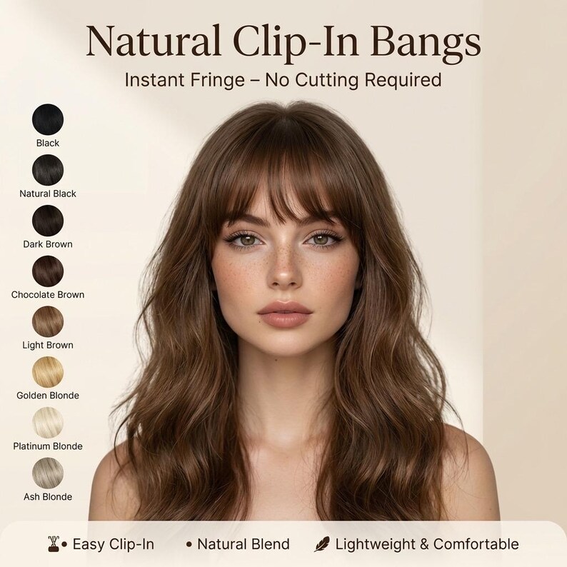 Clip-in fringe hairpiece detail showing the fringe shape and side pieces