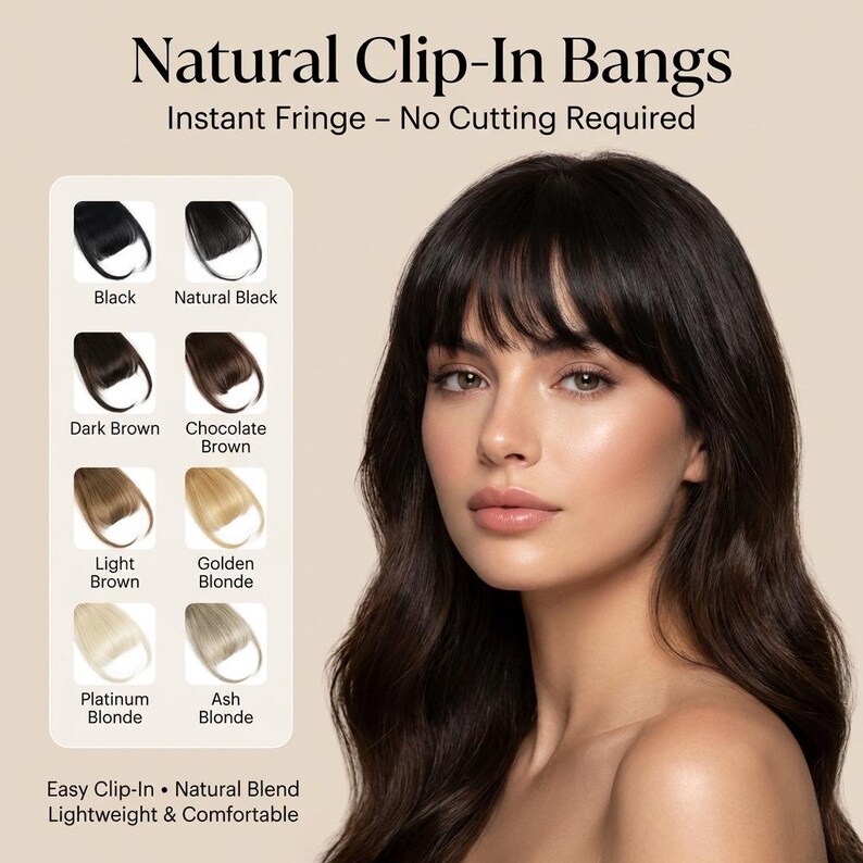 Model wearing the synthetic clip-in bangs for a soft fringe look