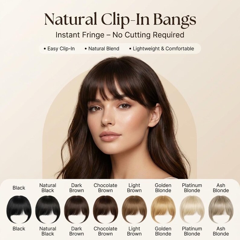Clip-in bangs fringe hairpiece styled with loose hair