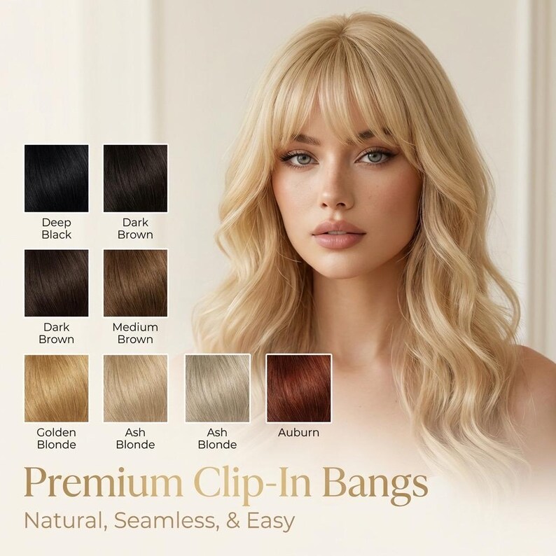 Clip-in bangs hairpiece worn with a centre-parted style