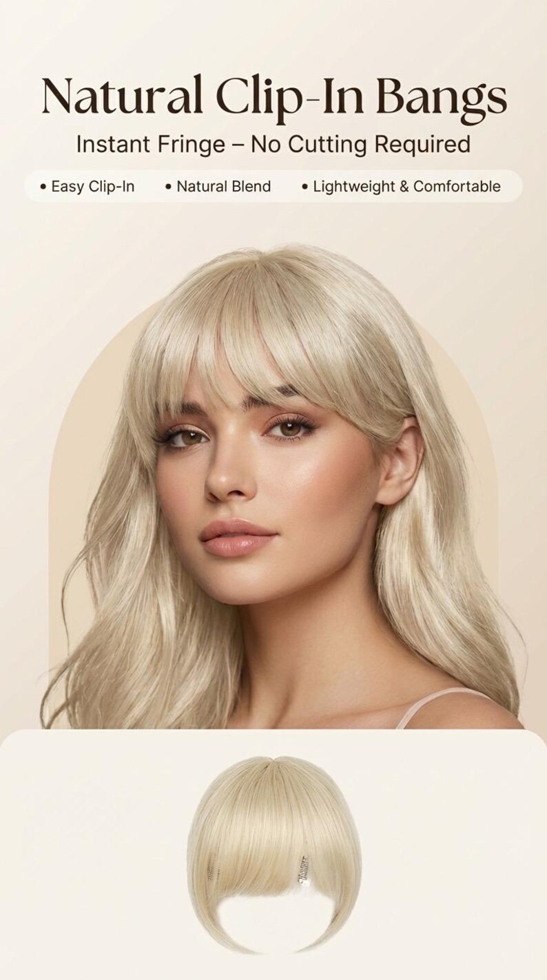 Model demonstrating the instant fringe without cutting real hair