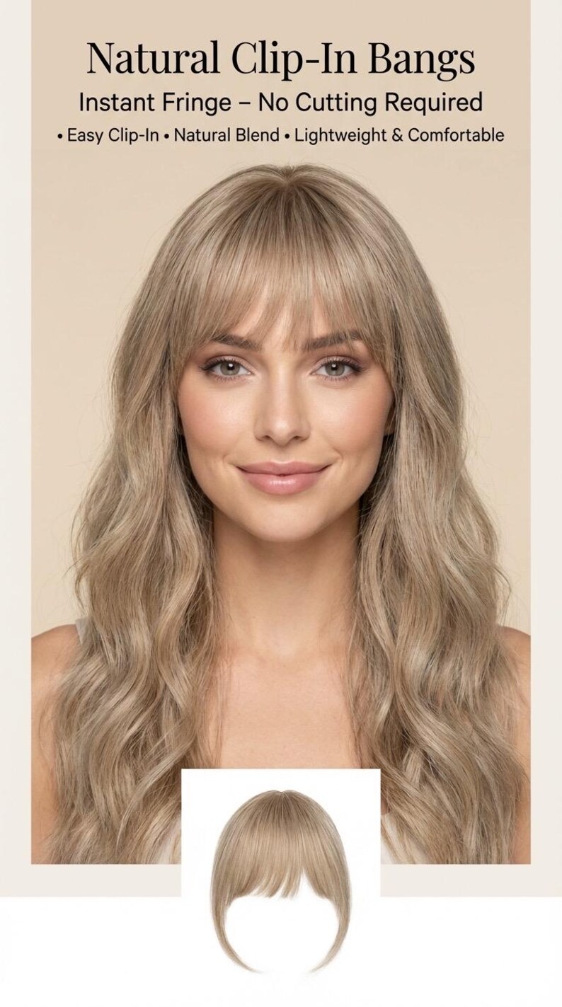 Clip-in bangs fringe hairpiece showing side pieces and blend