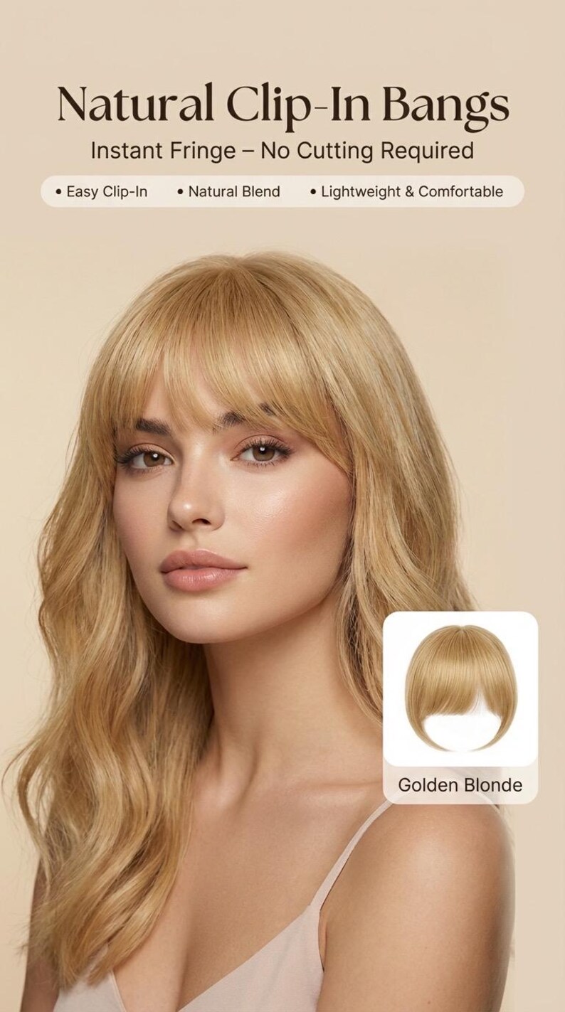 Styling option for the synthetic clip-in bangs hairpiece