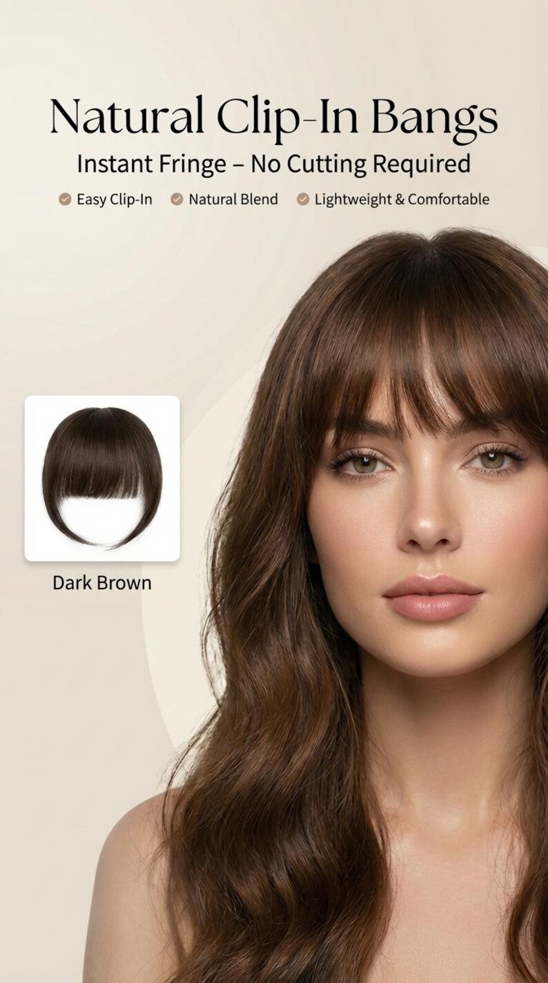 Model view of the clip-in bangs with soft side sweep