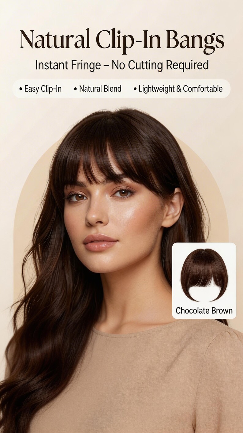Full look of the synthetic clip-in bangs fringe hairpiece