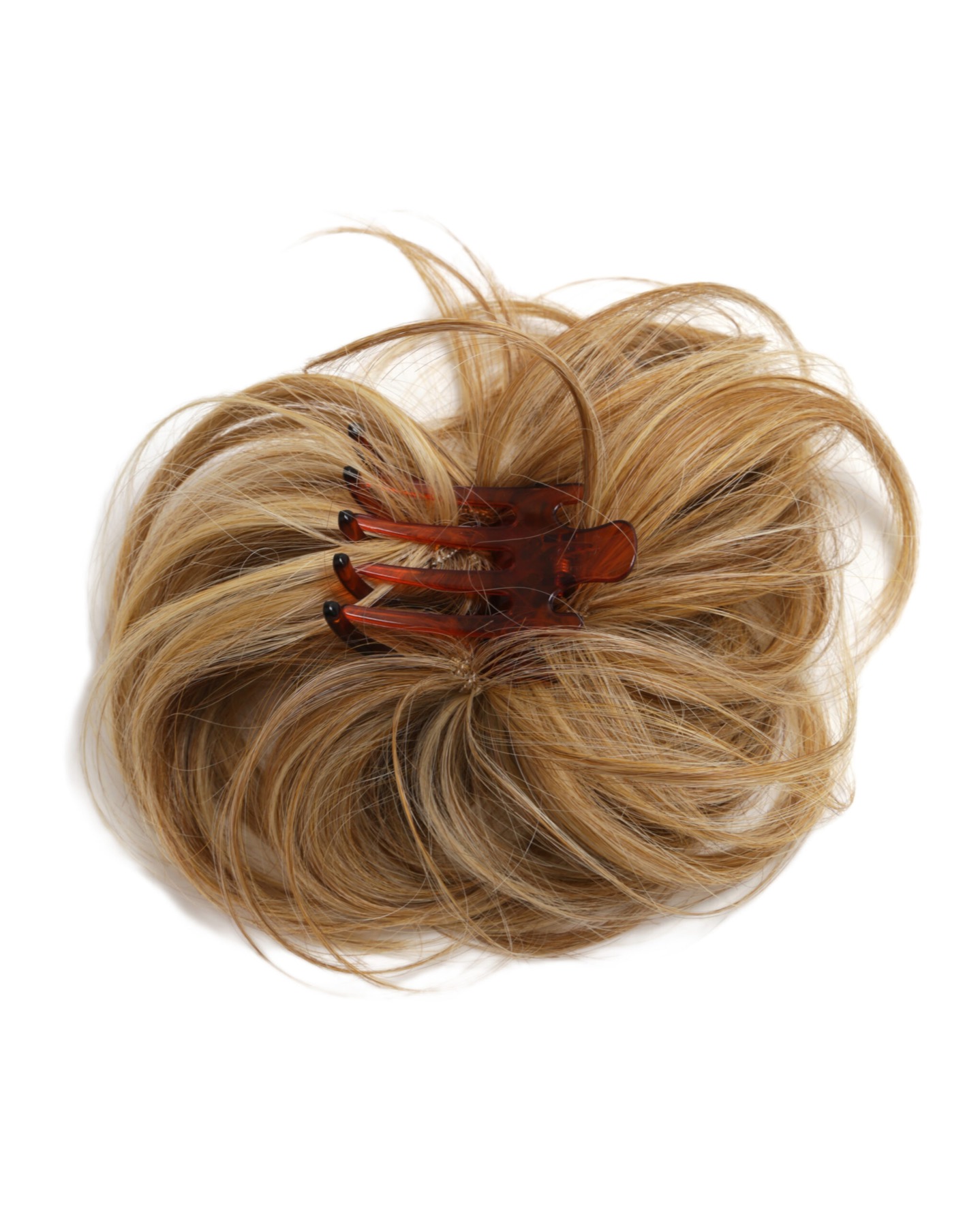 Back of synthetic chignon hairpiece showing the contoured claw clip attachment
