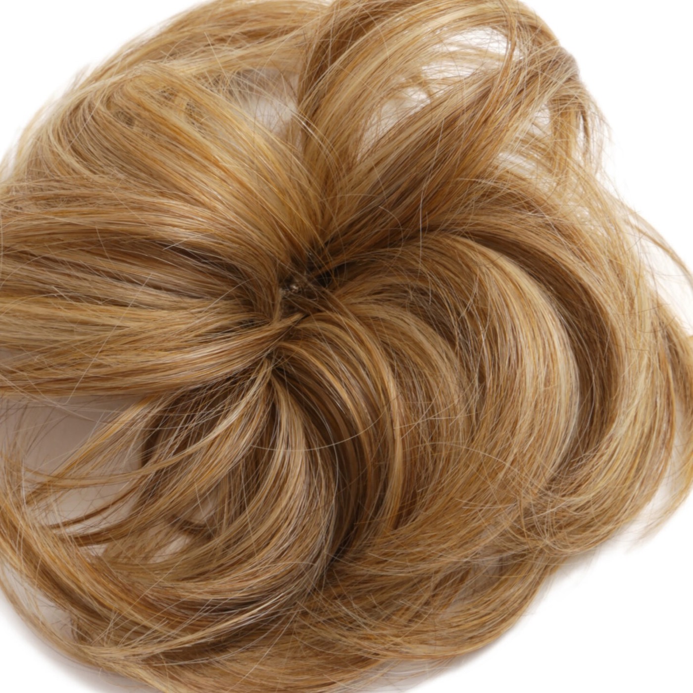 Close-up of softly waved synthetic fibre and looped chignon construction