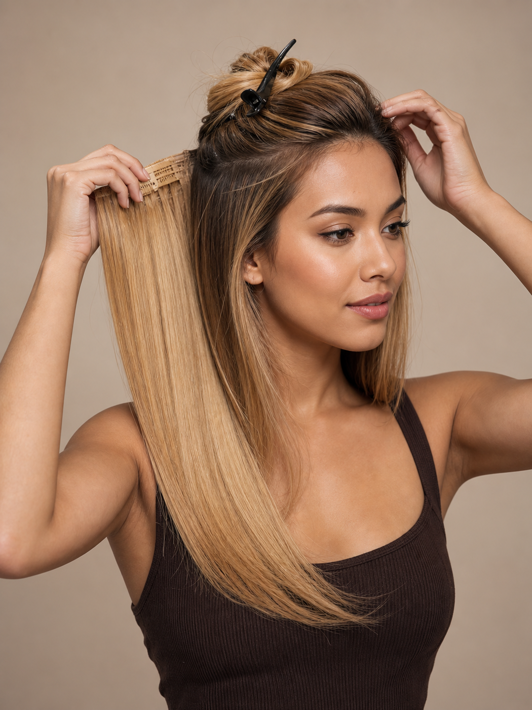 Installation view of a one-piece straight synthetic clip-in hairpiece