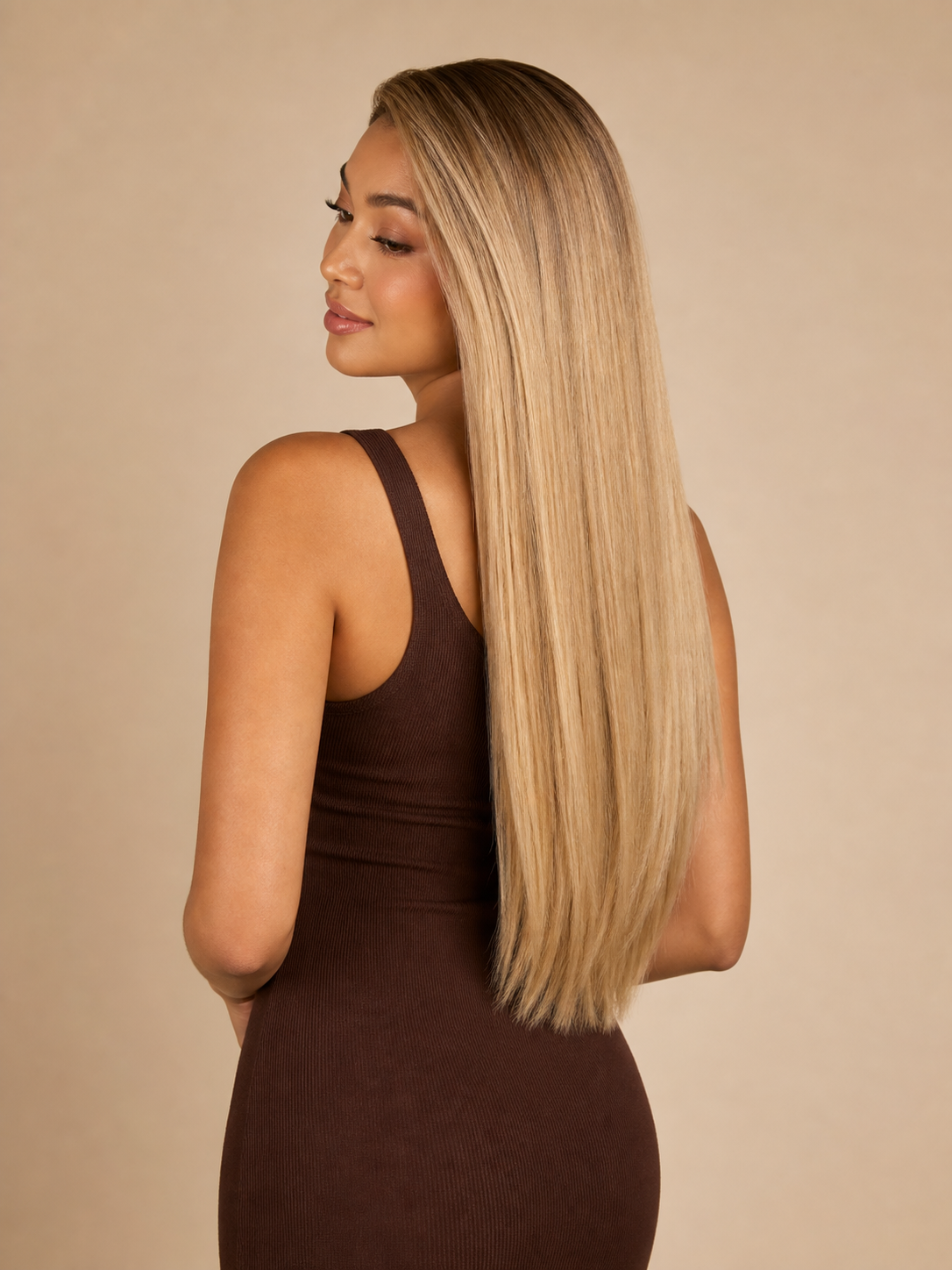Back view showing the finished 22-inch straight clip-in hairpiece blend