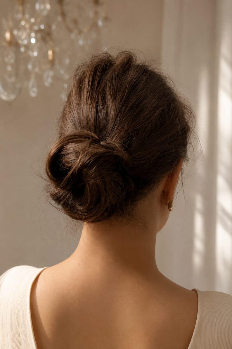 Back-view styling reference showing a compact synthetic bun updo
