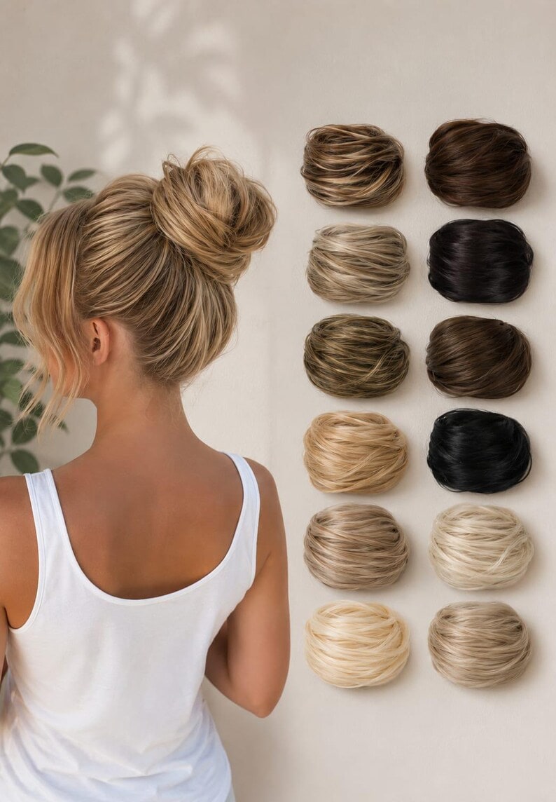 Synthetic hair bun styling reference with a twelve-piece source shade overview