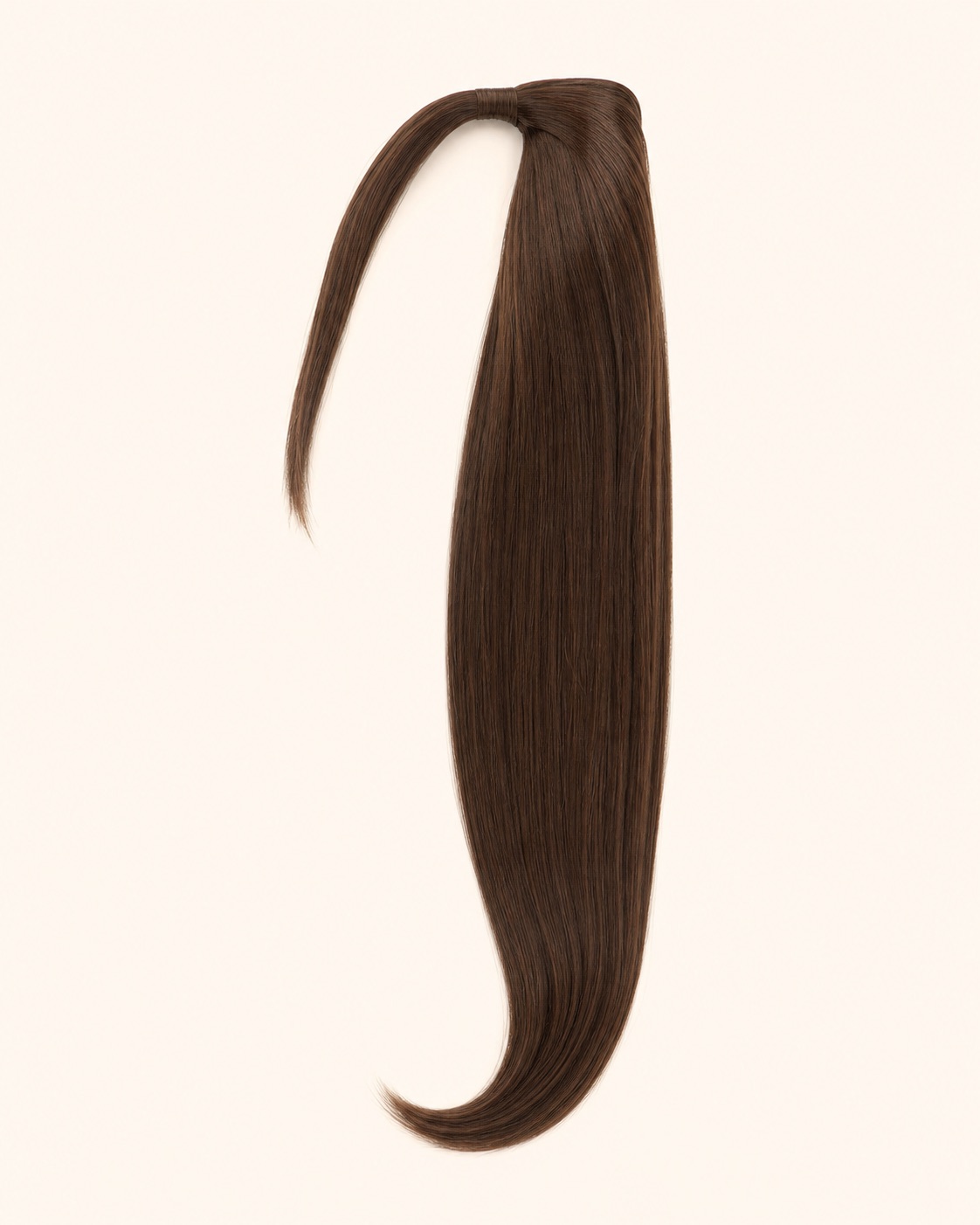 Exterior-only product view of a long straight medium-brown synthetic ponytail