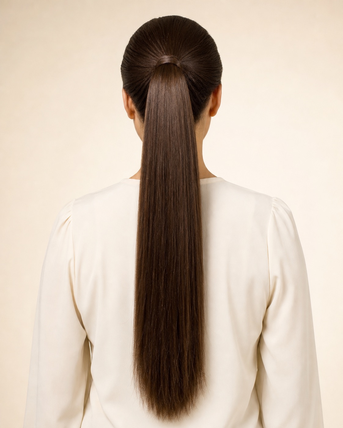 Strict back view showing a finished 25-inch straight ponytail result