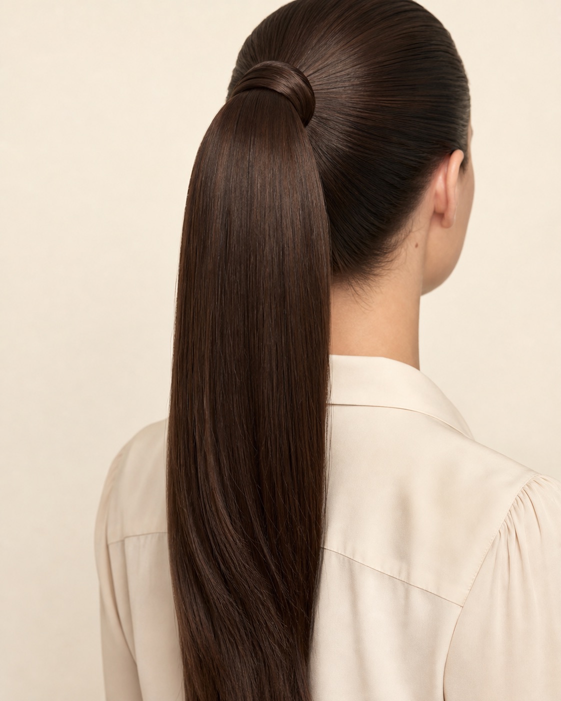 Side-back detail of the wrapped exterior finish and straight synthetic hair