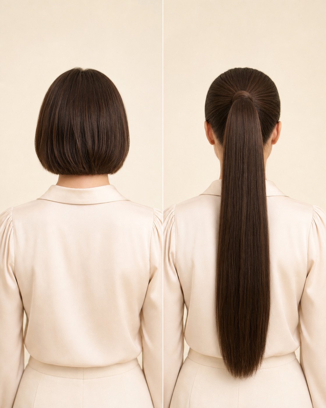 Rear-view comparison showing short hair before and a long straight ponytail after